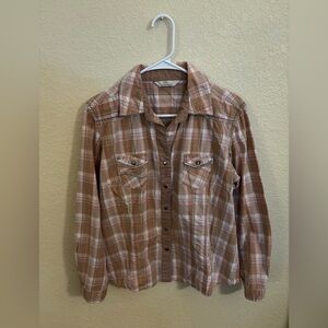 Bob Timberlake Men’s Tan Plaid Western Snap Front Shirt w/Blue Stitching, Sz L